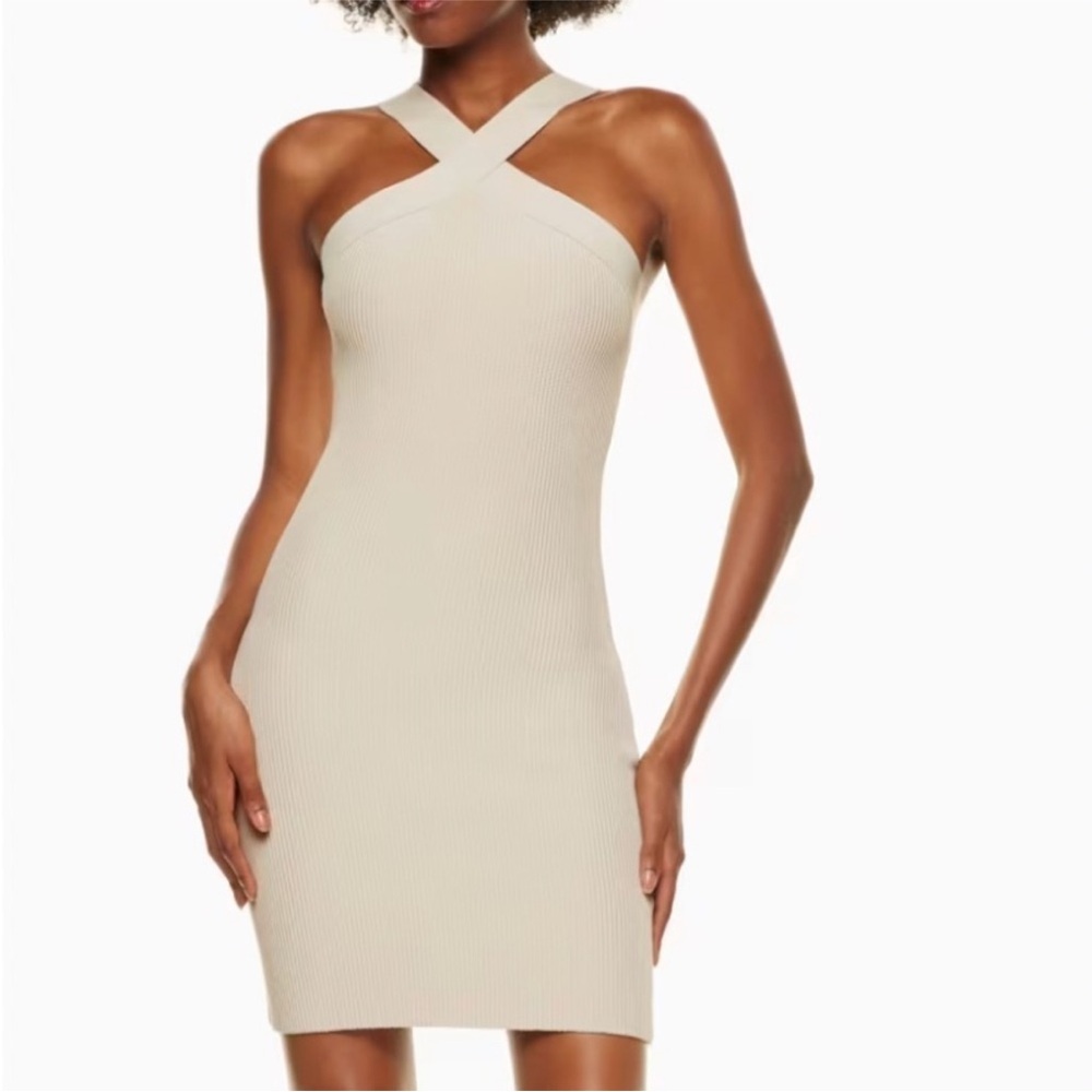 Aritzia Cream Ribbed Cross-Neck Bodycon Dress
